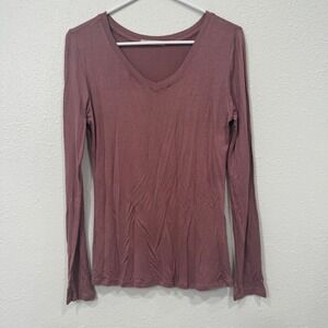 Active Basic Womens Mauve V-Neck Long Sleeve T-Shirt Size Large